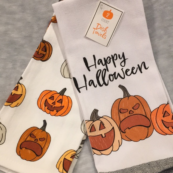 Jack O Lantern Faces Halloween Fall Kitchen Towels Set of Two NWT Cotton 25x15” - Picture 1 of 16